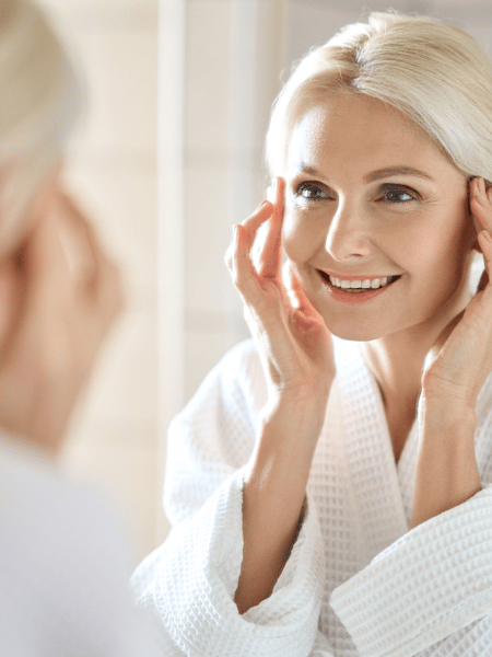 Fibroblast woman happy in mirror